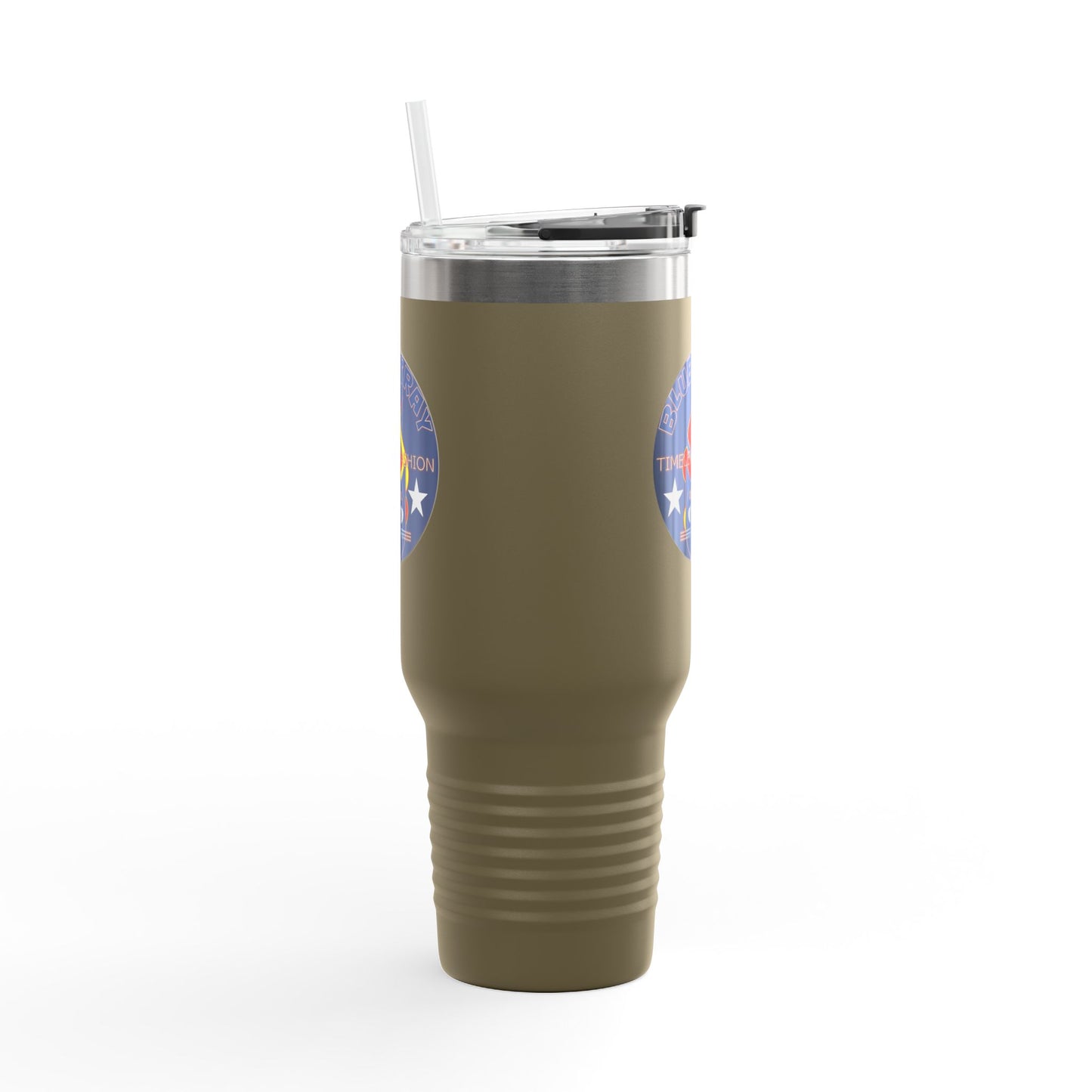 40oz Insulated Travel Mug — Questing Bluestray Cat Logo, Retro Space Adventure Design