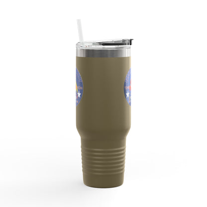 40oz Insulated Travel Mug — Questing Bluestray Cat Logo, Retro Space Adventure Design