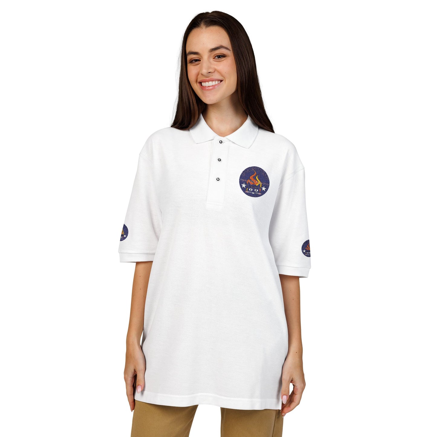 Embroidered Campfire Badge Polo — Outdoor Adventure Bluestray Logo Shirt