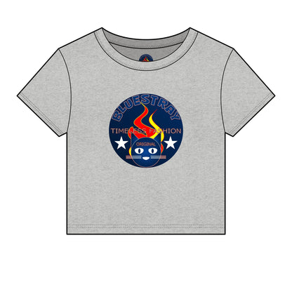 Bluestray Retro Flame Crest Women's Baby Tee — 'Time & Motion' Graphic Crop Top