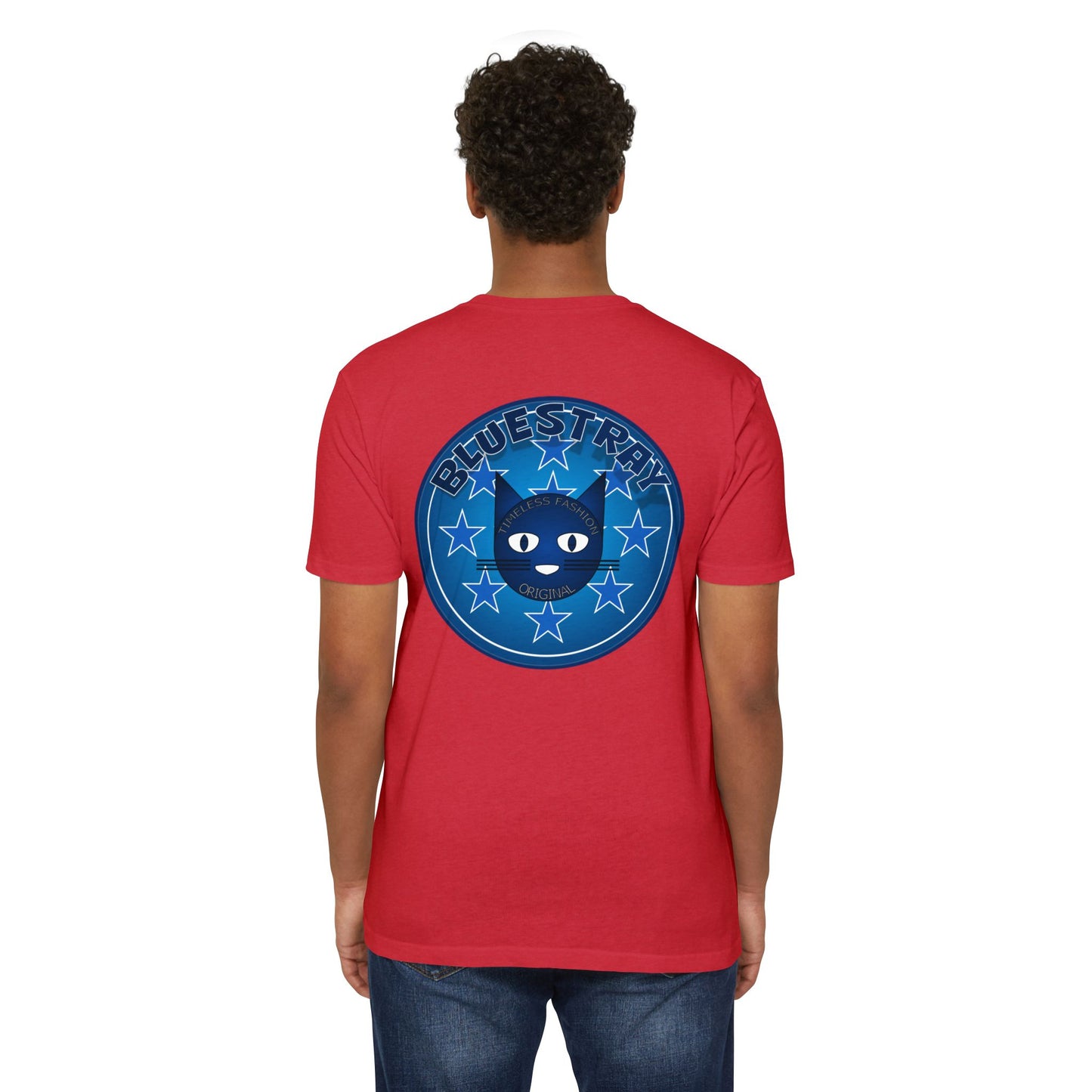 Bluestray Cat Graphic T-Shirt — “Bluestray” Retro Star Logo