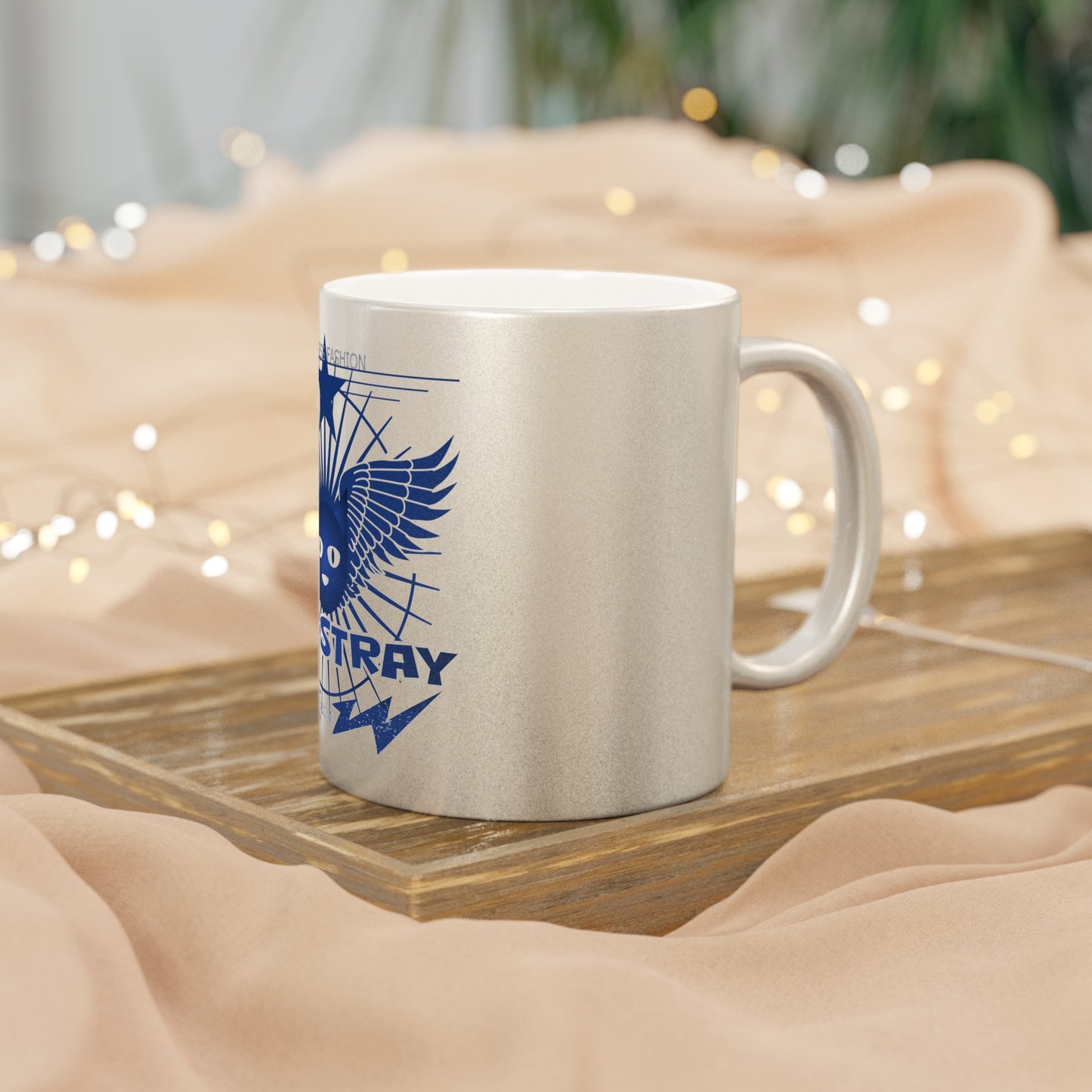 Bluestray Metallic Mug — Retro Winged Cat Silver/Gold Travel Coffee Cup