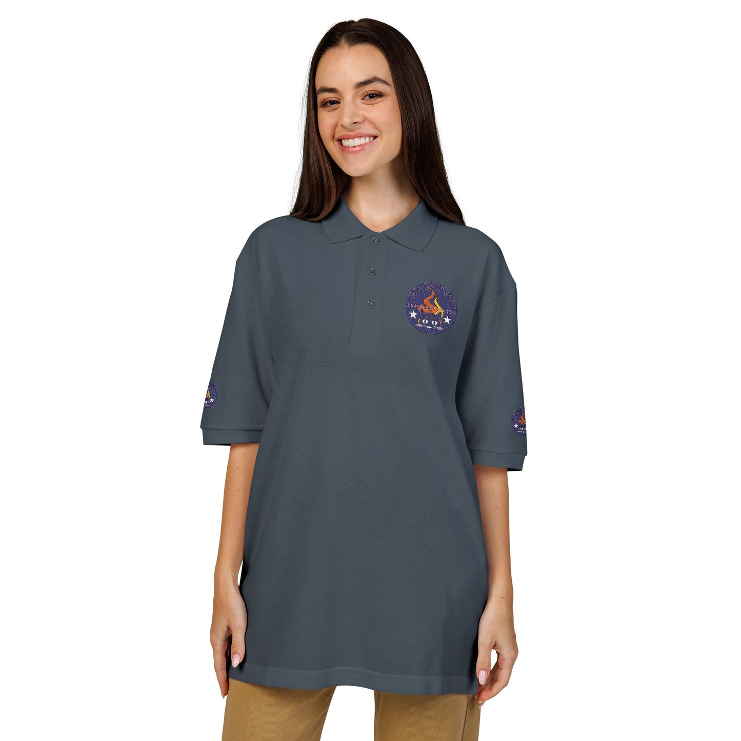 Embroidered Campfire Badge Polo — Outdoor Adventure Bluestray Logo Shirt