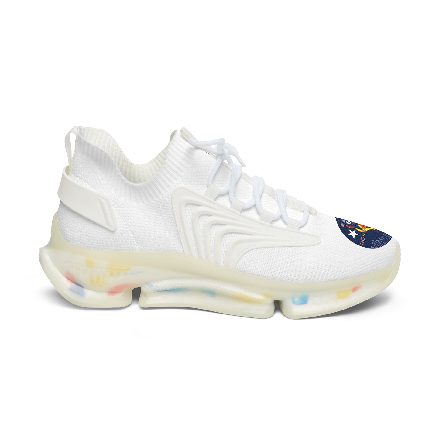 Bluestray Mesh Sneakers — White Knit Trainers with Retro Rocket Patch