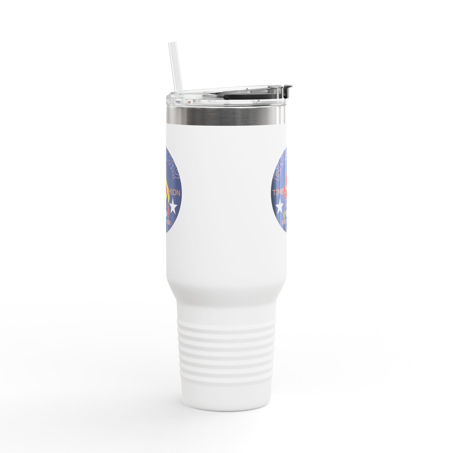 40oz Insulated Travel Mug — Questing Bluestray Cat Logo, Retro Space Adventure Design
