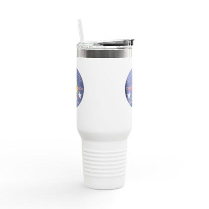40oz Insulated Travel Mug — Questing Bluestray Cat Logo, Retro Space Adventure Design