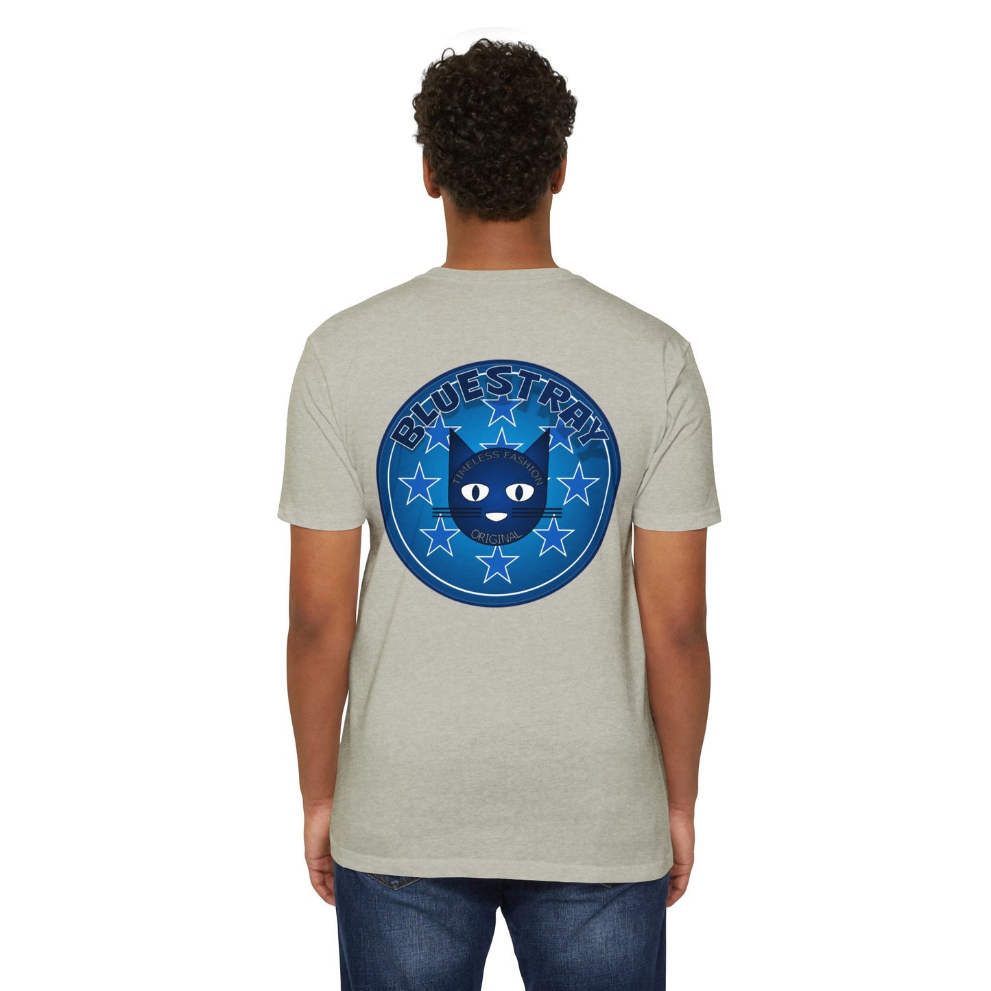 Bluestray Cat Graphic T-Shirt — “Bluestray” Retro Star Logo