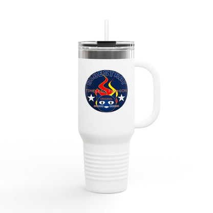 40oz Insulated Travel Mug — Questing Bluestray Cat Logo, Retro Space Adventure Design