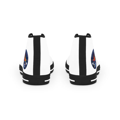 High Top Bluestray Sneakers — Retro Rocket Patch White Canvas Shoes