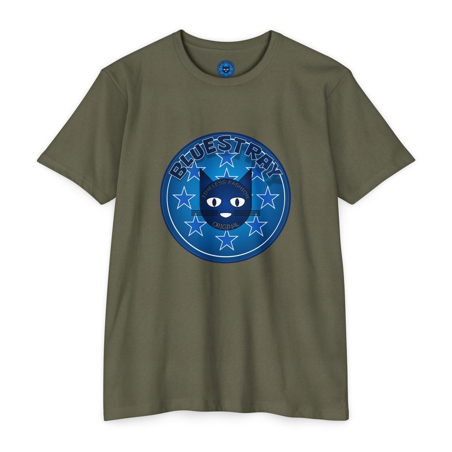 Bluestray Cat Graphic T-Shirt — “Bluestray” Retro Star Logo