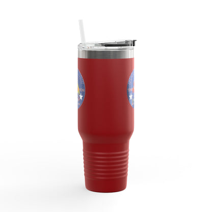 40oz Insulated Travel Mug — Questing Bluestray Cat Logo, Retro Space Adventure Design