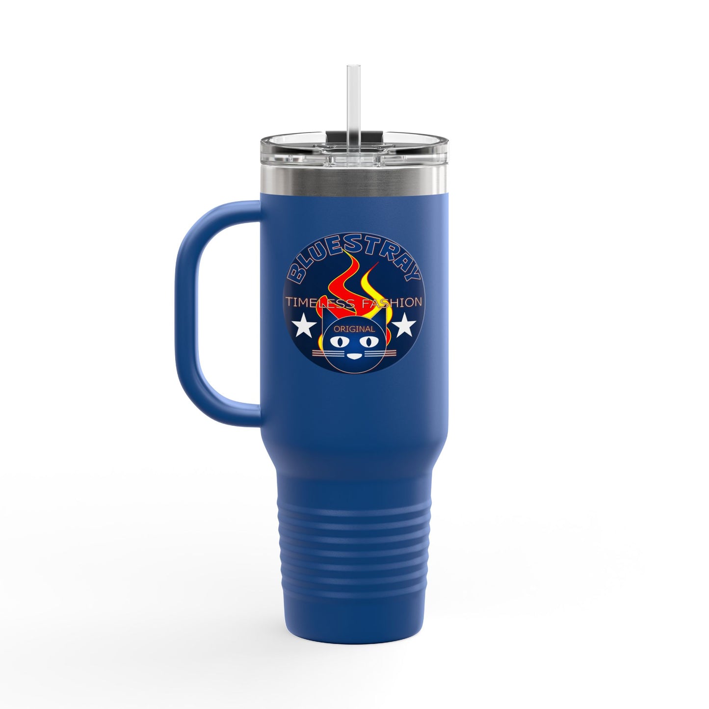 40oz Insulated Travel Mug — Questing Bluestray Cat Logo, Retro Space Adventure Design