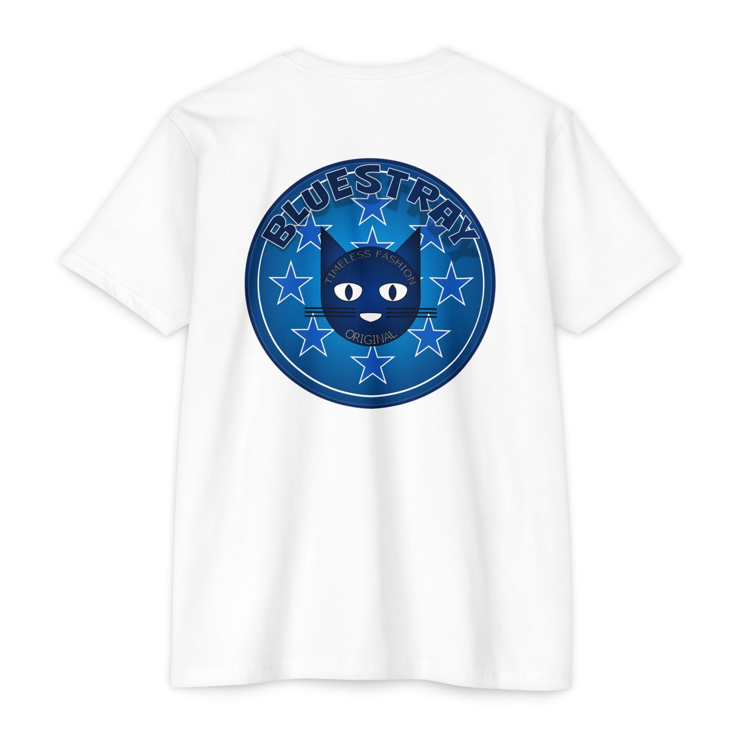 Bluestray Cat Graphic T-Shirt — “Bluestray” Retro Star Logo