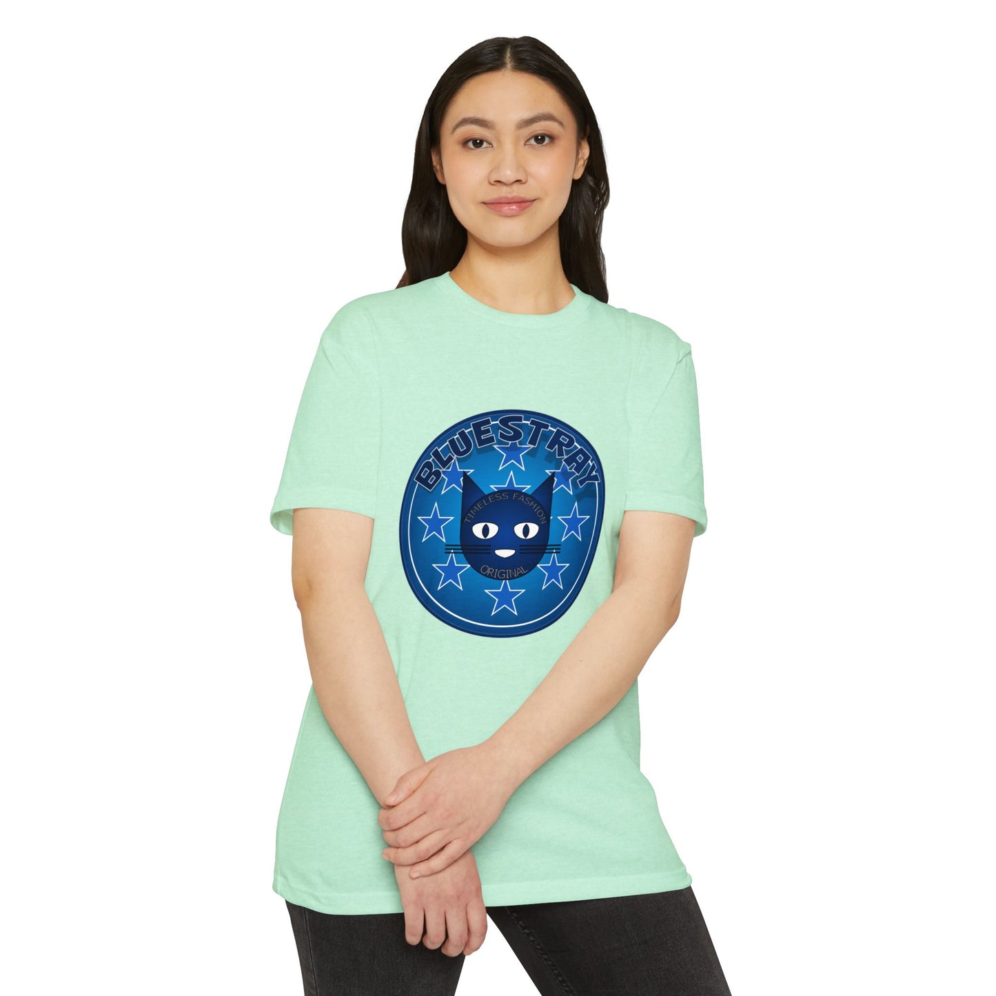 Bluestray Cat Graphic T-Shirt — “Bluestray” Retro Star Logo