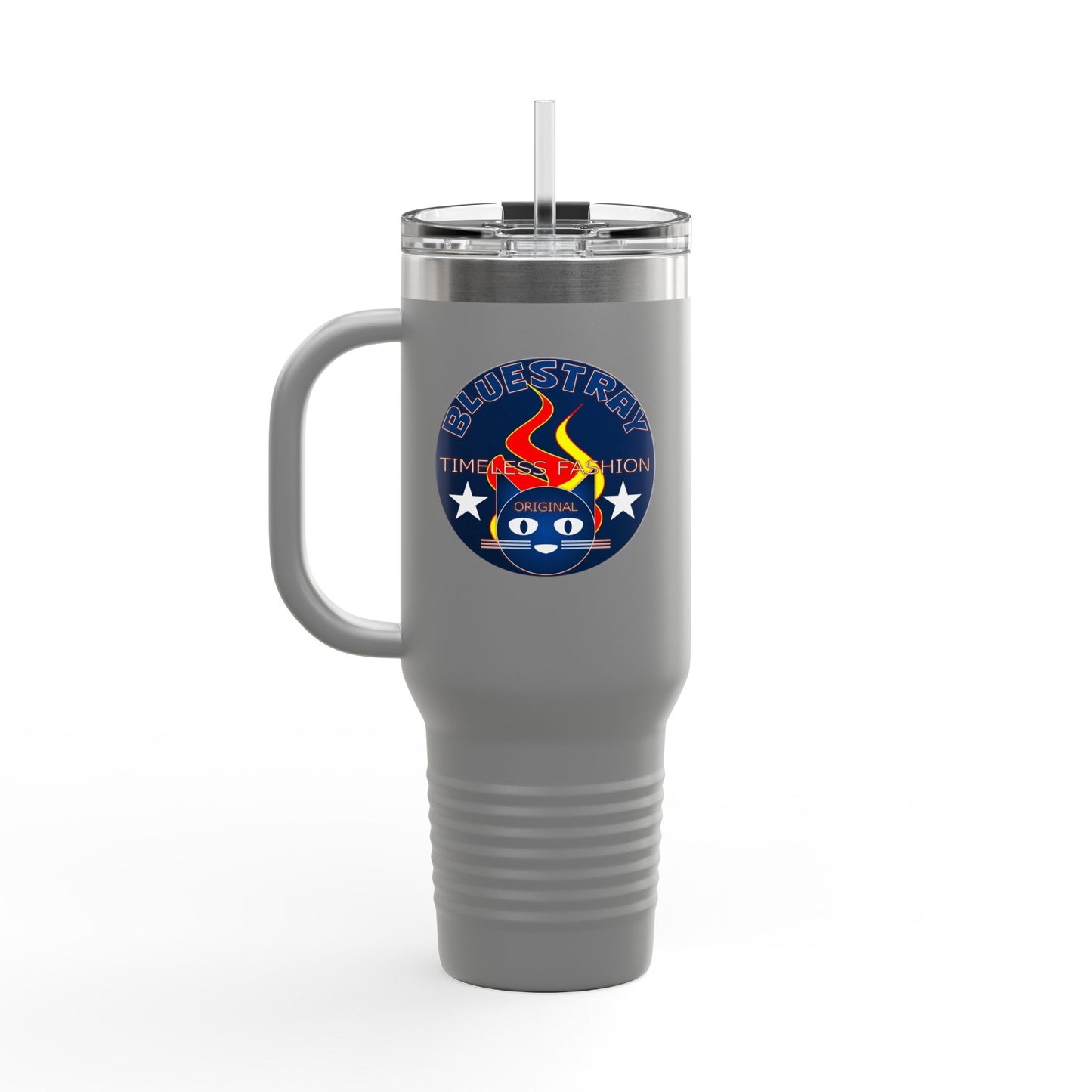40oz Insulated Travel Mug — Questing Bluestray Cat Logo, Retro Space Adventure Design