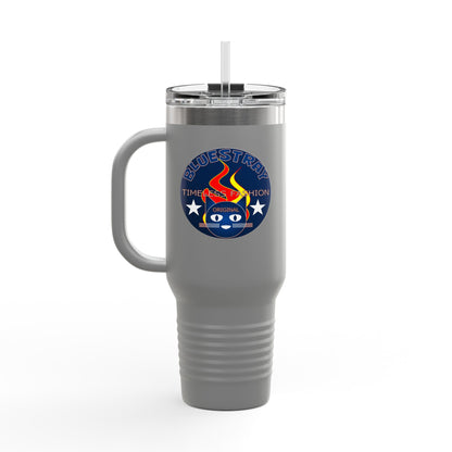 40oz Insulated Travel Mug — Questing Bluestray Cat Logo, Retro Space Adventure Design