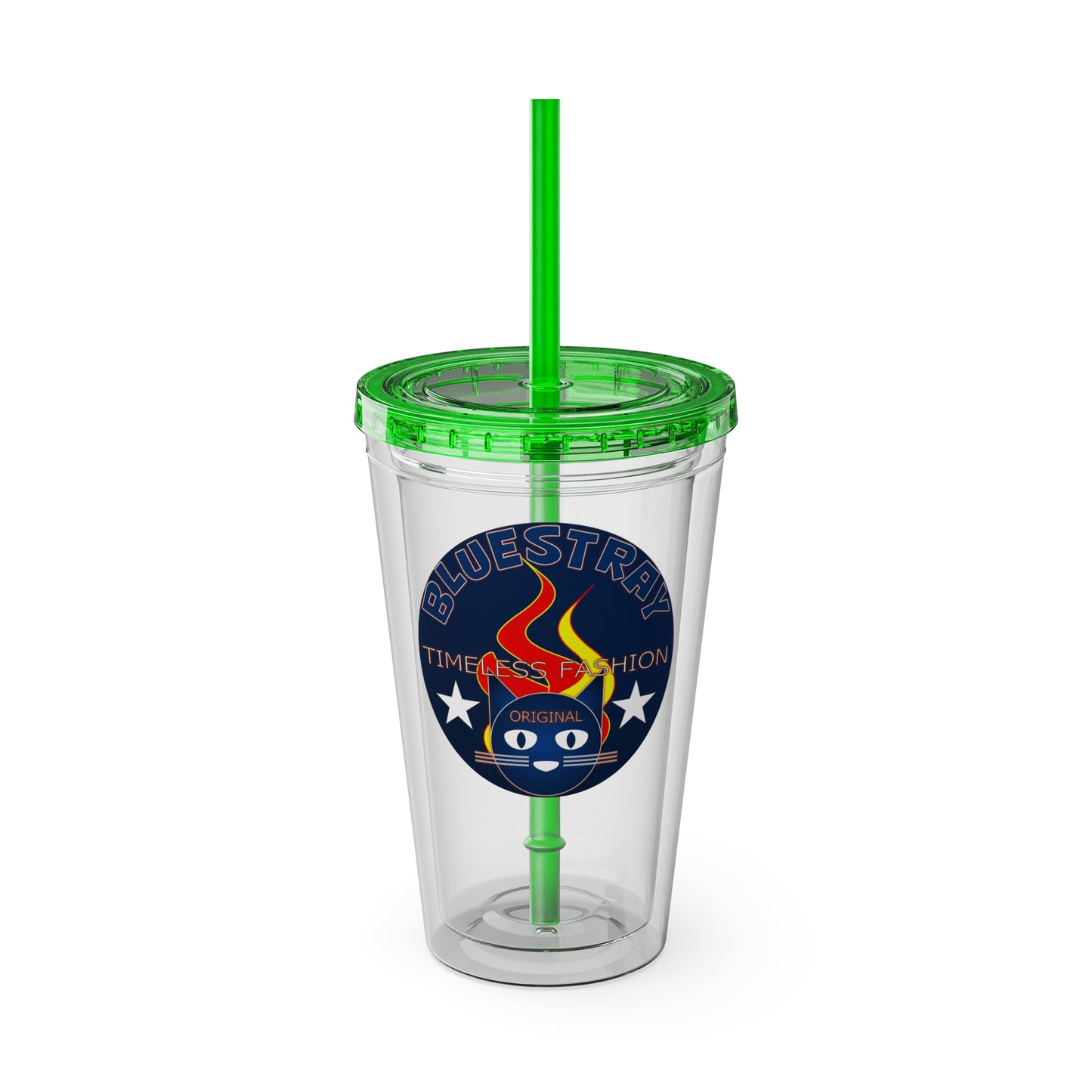 Sunsplash 16oz Clear Tumbler with Straw — Retro Bluestray Flame Crest Design
