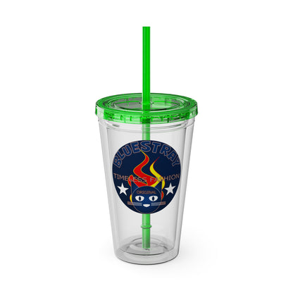 Sunsplash 16oz Clear Tumbler with Straw — Retro Bluestray Flame Crest Design