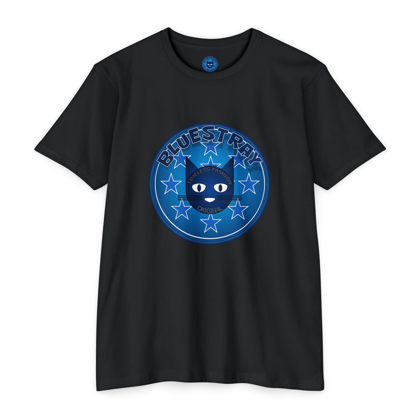 Bluestray Cat Graphic T-Shirt — “Bluestray” Retro Star Logo