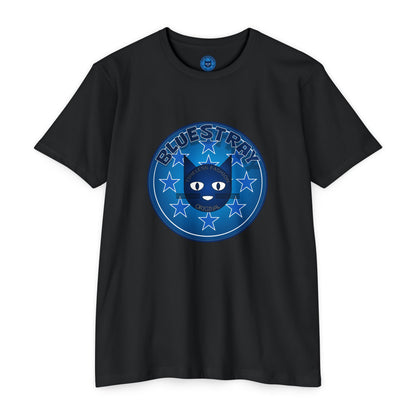 Bluestray Cat Graphic T-Shirt — “Bluestray” Retro Star Logo