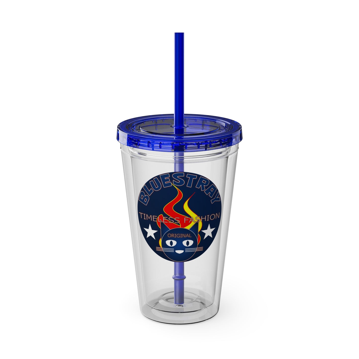 Sunsplash 16oz Clear Tumbler with Straw — Retro Bluestray Flame Crest Design