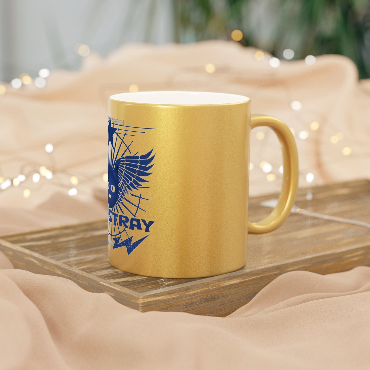 Bluestray Metallic Mug — Retro Winged Cat Silver/Gold Travel Coffee Cup