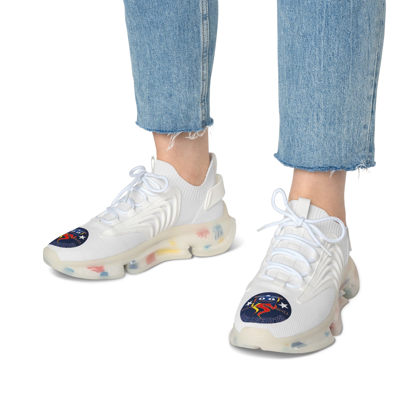 Bluestray Mesh Sneakers — White Knit Trainers with Retro Rocket Patch