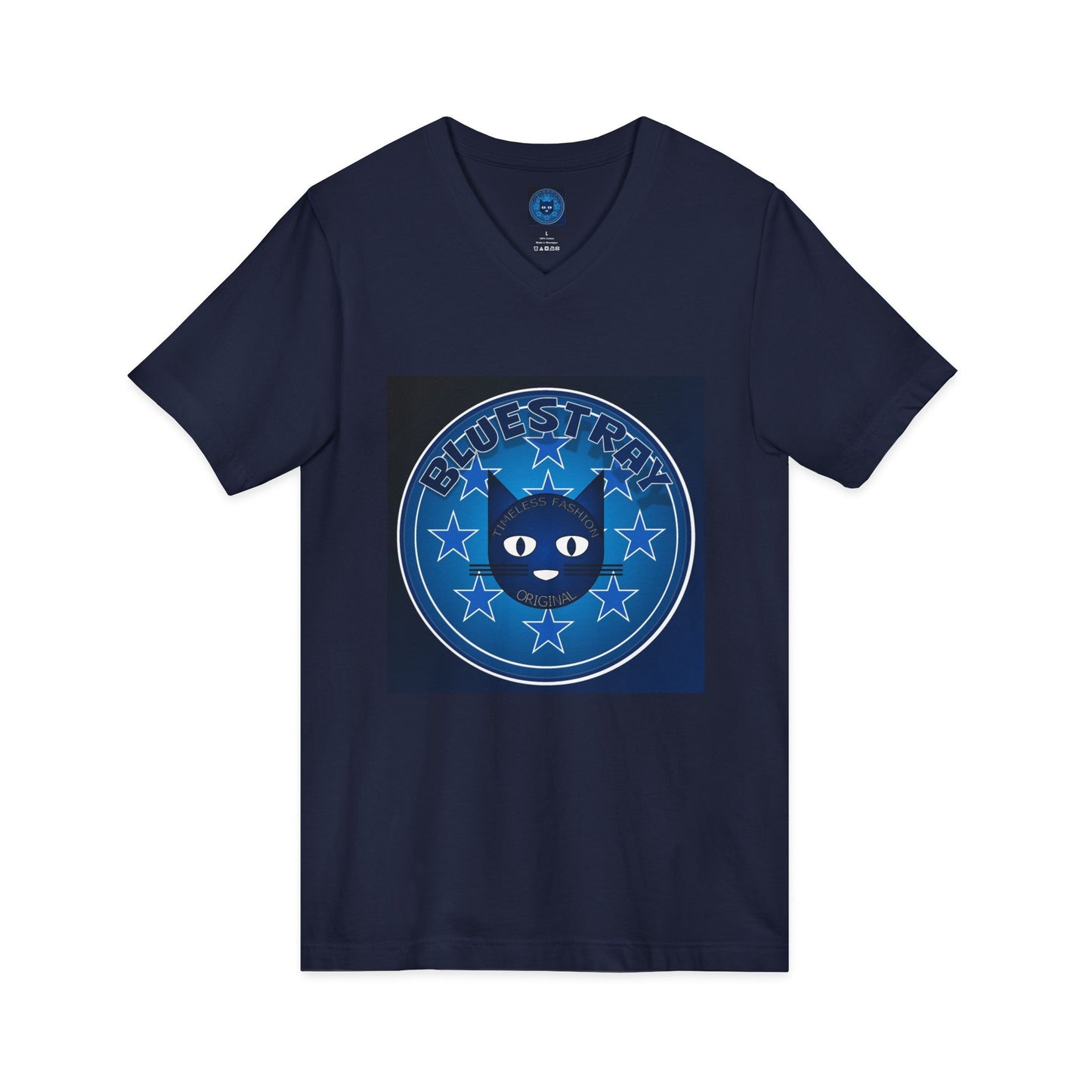Bluestray Cat V-Neck Tee — Retro Night Sky Cat Graphic Shirt