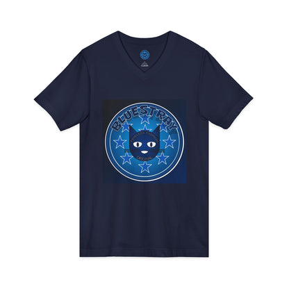 Bluestray Cat V-Neck Tee — Retro Night Sky Cat Graphic Shirt