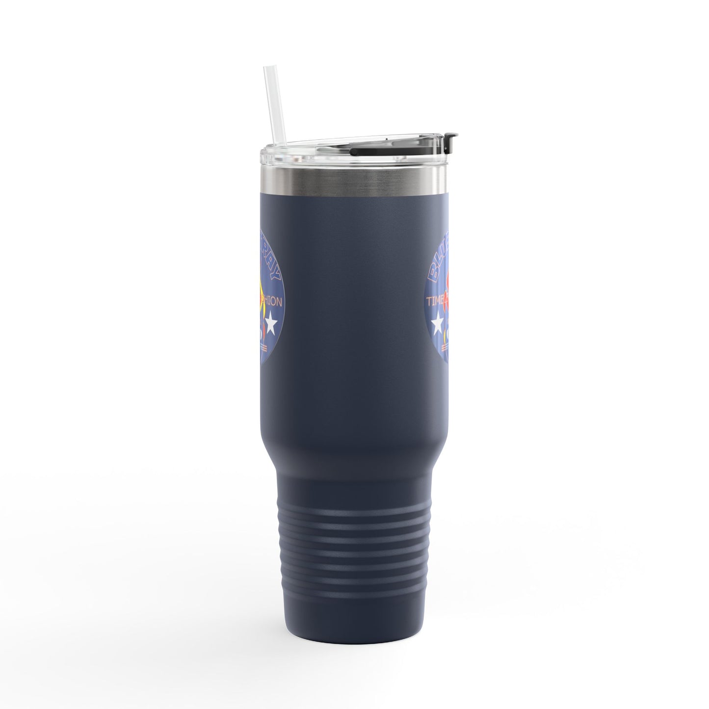 40oz Insulated Travel Mug — Questing Bluestray Cat Logo, Retro Space Adventure Design