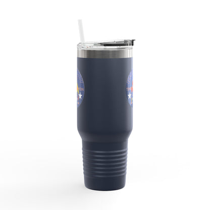 40oz Insulated Travel Mug — Questing Bluestray Cat Logo, Retro Space Adventure Design