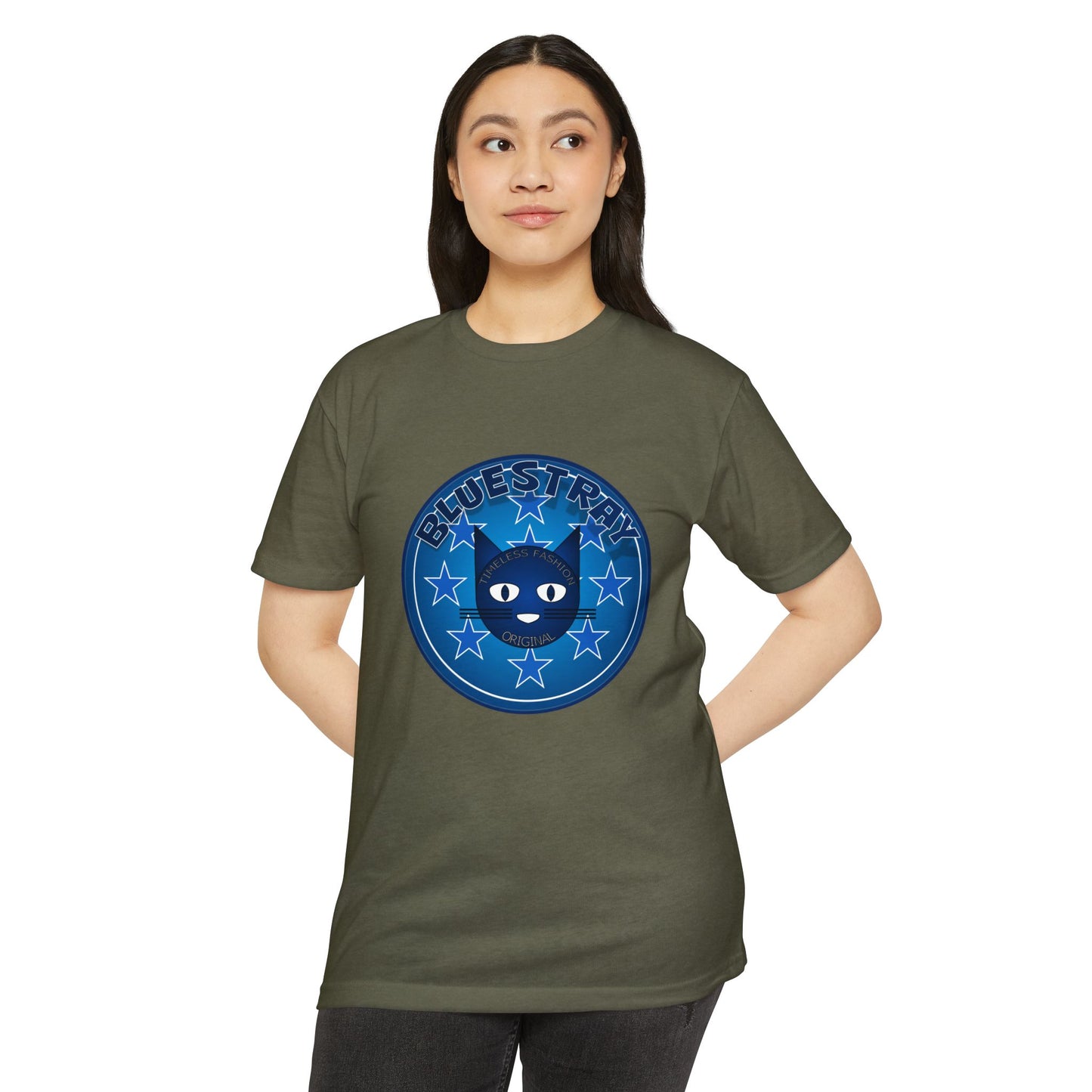 Bluestray Cat Graphic T-Shirt — “Bluestray” Retro Star Logo