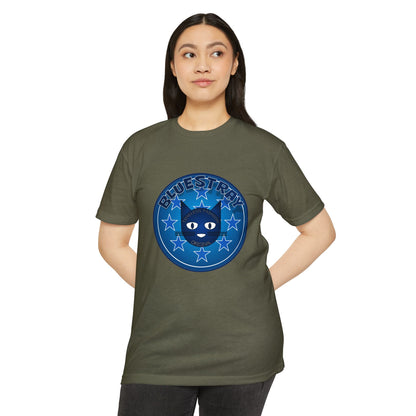 Bluestray Cat Graphic T-Shirt — “Bluestray” Retro Star Logo