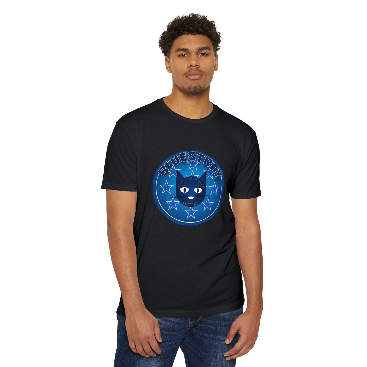 Bluestray Cat Graphic T-Shirt — “Bluestray” Retro Star Logo