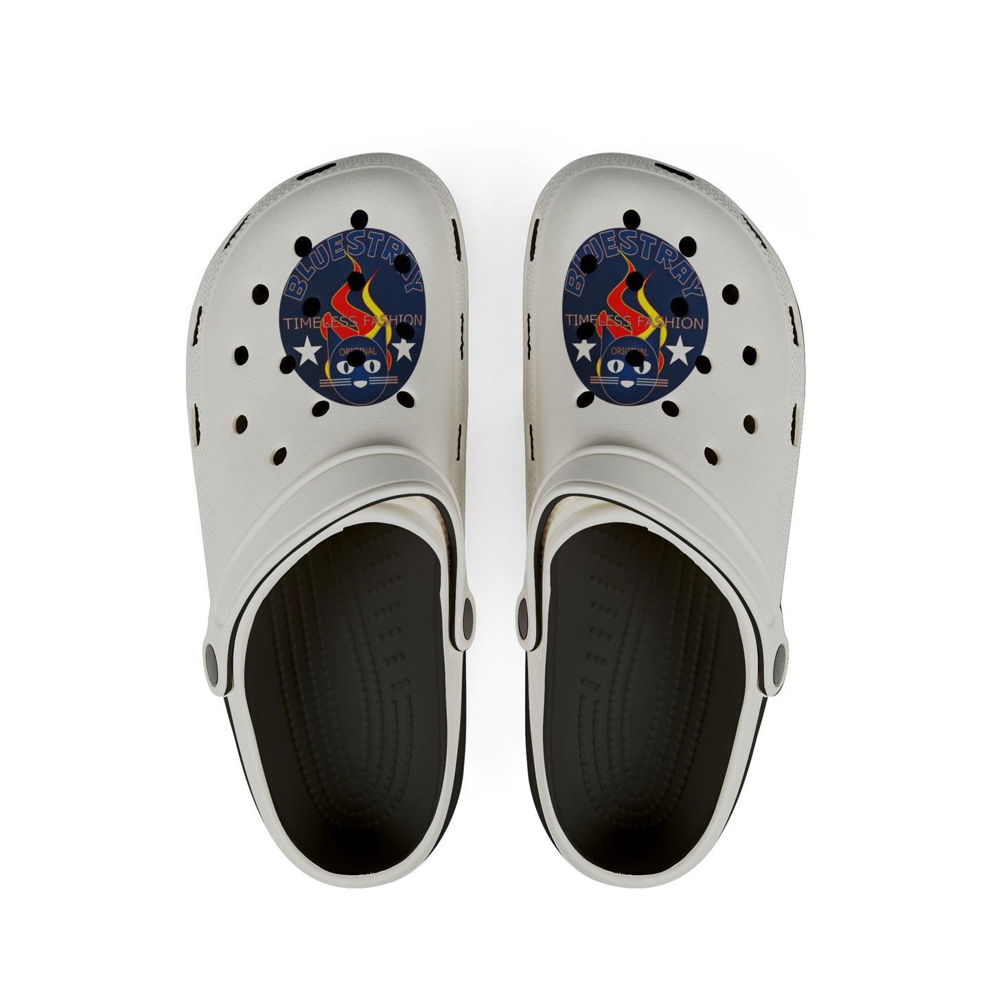 Camping Flame Clogs — White EVA Foam Slip-On Shoes with Bluestray Graphic