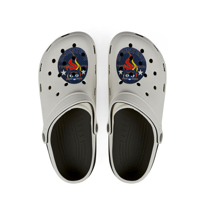 Camping Flame Clogs — White EVA Foam Slip-On Shoes with Bluestray Graphic