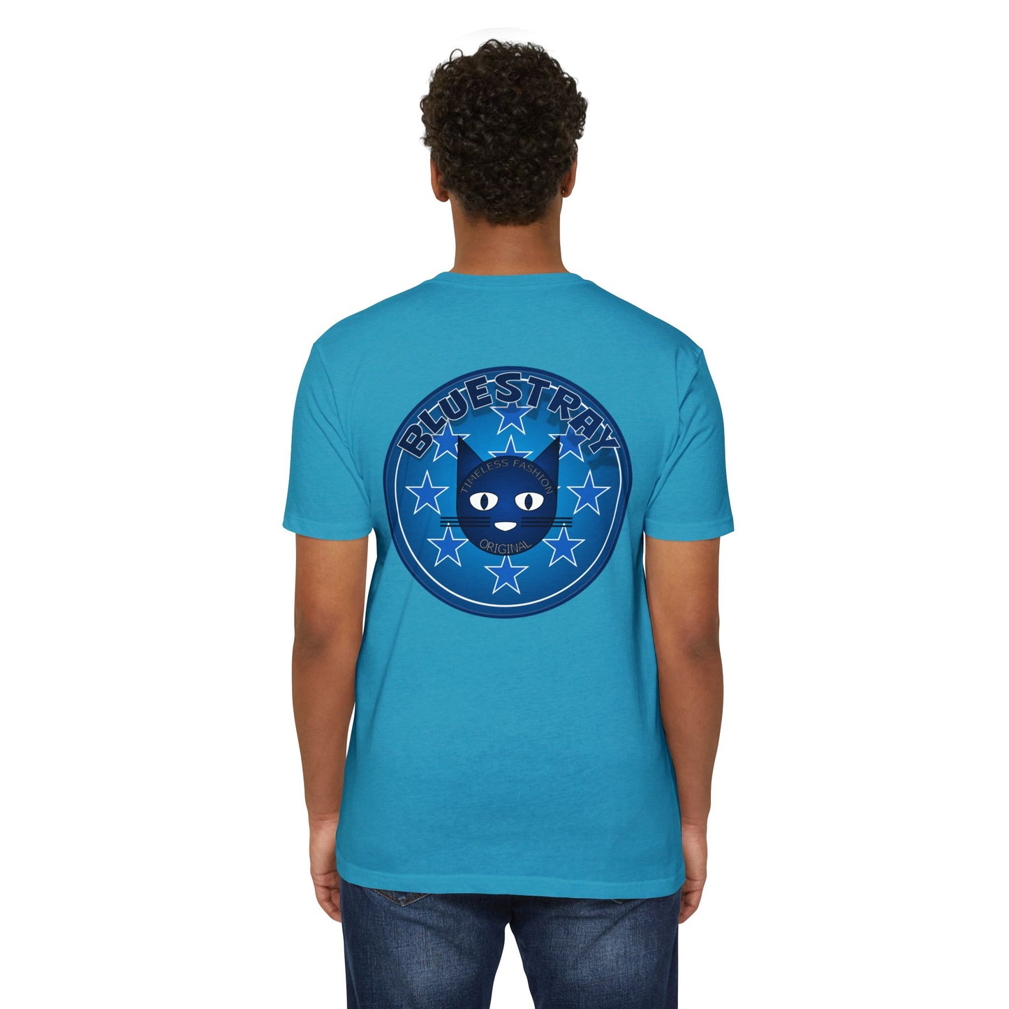Bluestray Cat Graphic T-Shirt — “Bluestray” Retro Star Logo