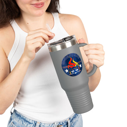 40oz Insulated Travel Mug — Questing Bluestray Cat Logo, Retro Space Adventure Design