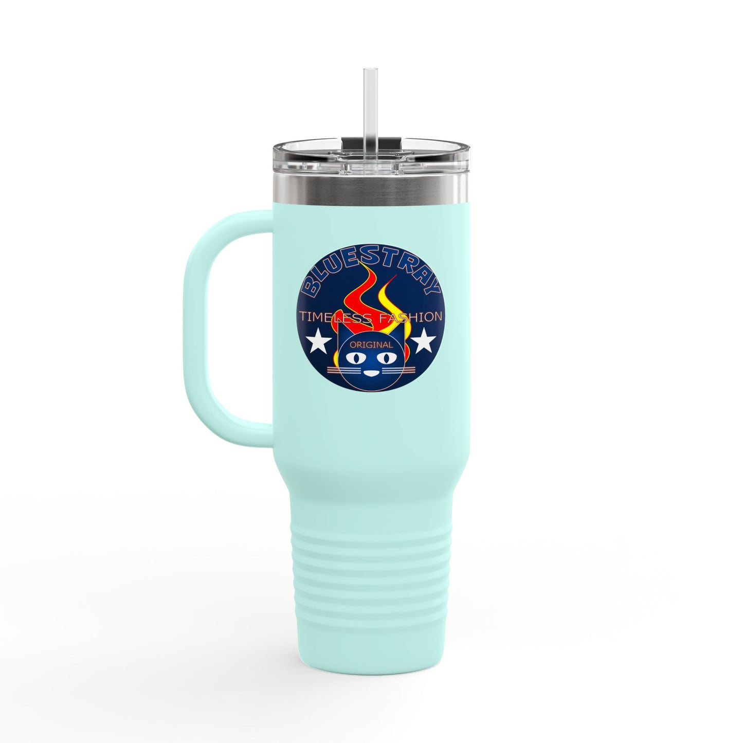 40oz Insulated Travel Mug — Questing Bluestray Cat Logo, Retro Space Adventure Design