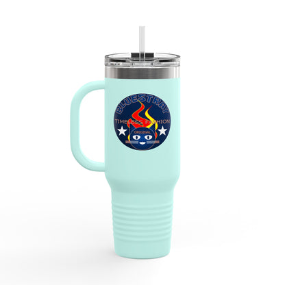 40oz Insulated Travel Mug — Questing Bluestray Cat Logo, Retro Space Adventure Design