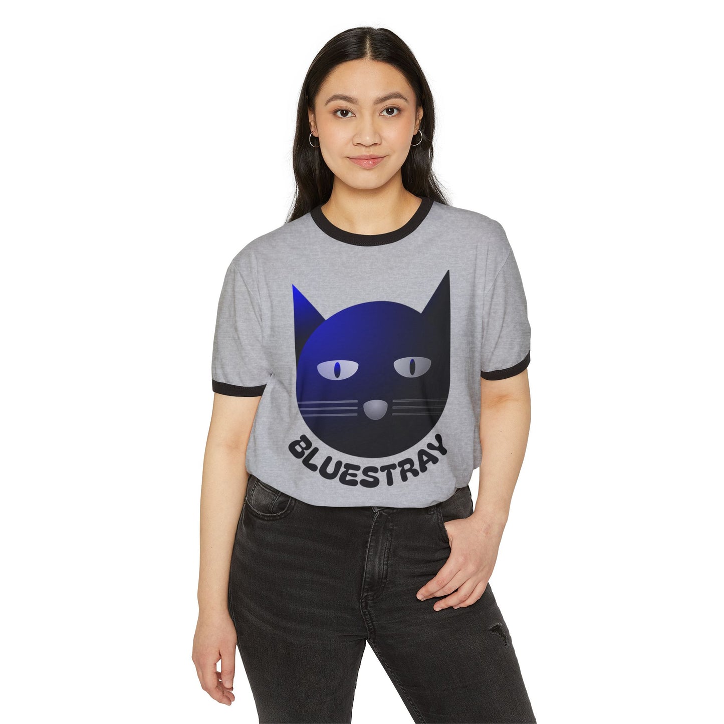 Bluestray Cat Ringer T-Shirt — Retro Blue Cat Graphic Tee