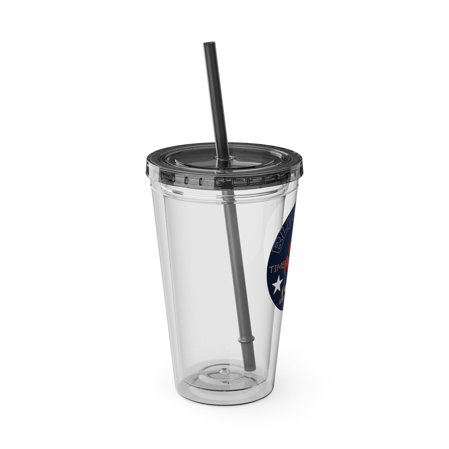 Sunsplash 16oz Clear Tumbler with Straw — Retro Bluestray Flame Crest Design