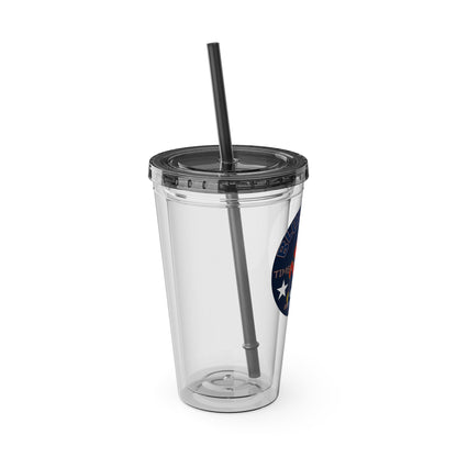 Sunsplash 16oz Clear Tumbler with Straw — Retro Bluestray Flame Crest Design