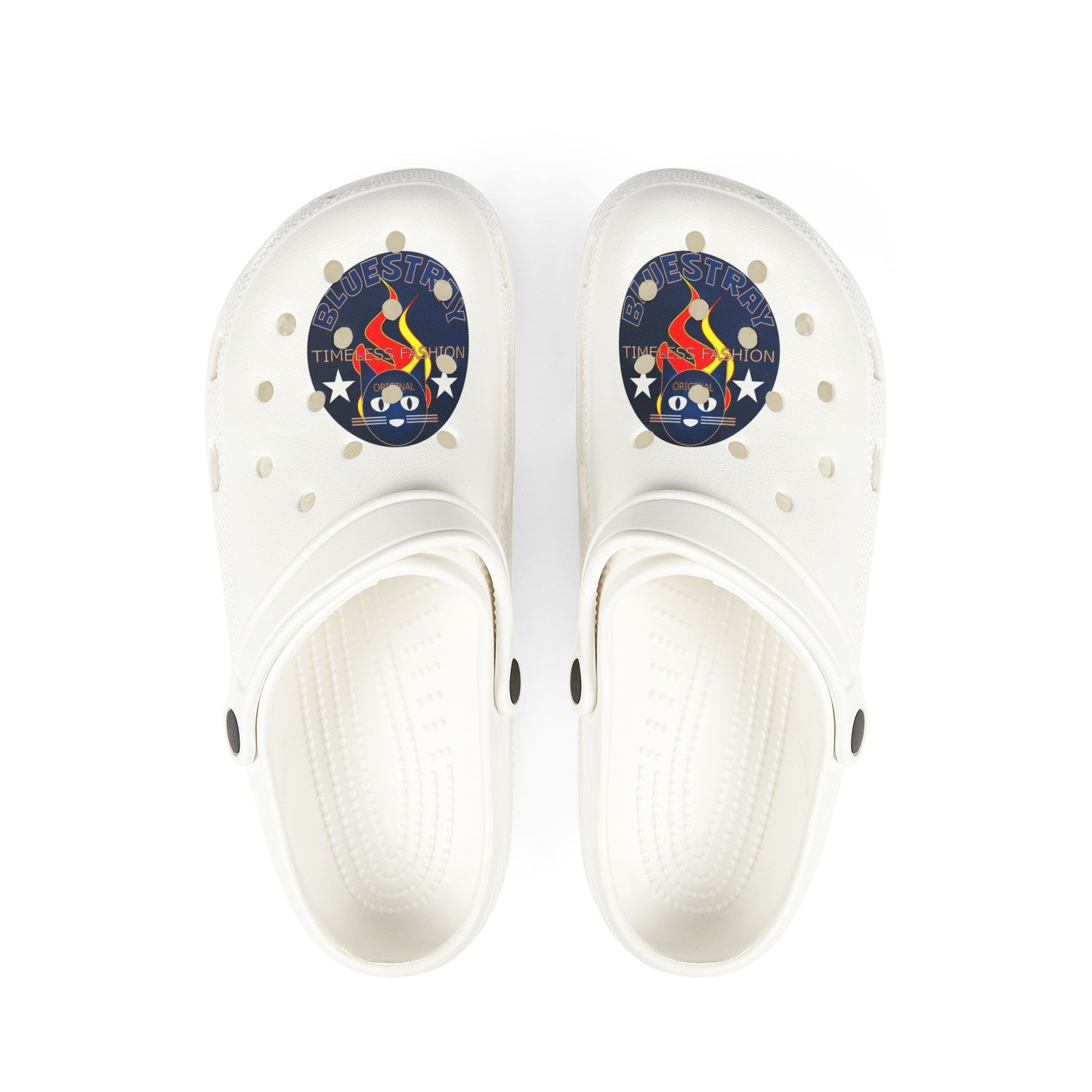 Camping Flame Clogs — White EVA Foam Slip-On Shoes with Bluestray Graphic