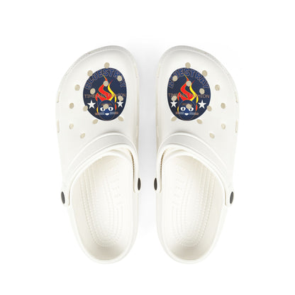 Camping Flame Clogs — White EVA Foam Slip-On Shoes with Bluestray Graphic
