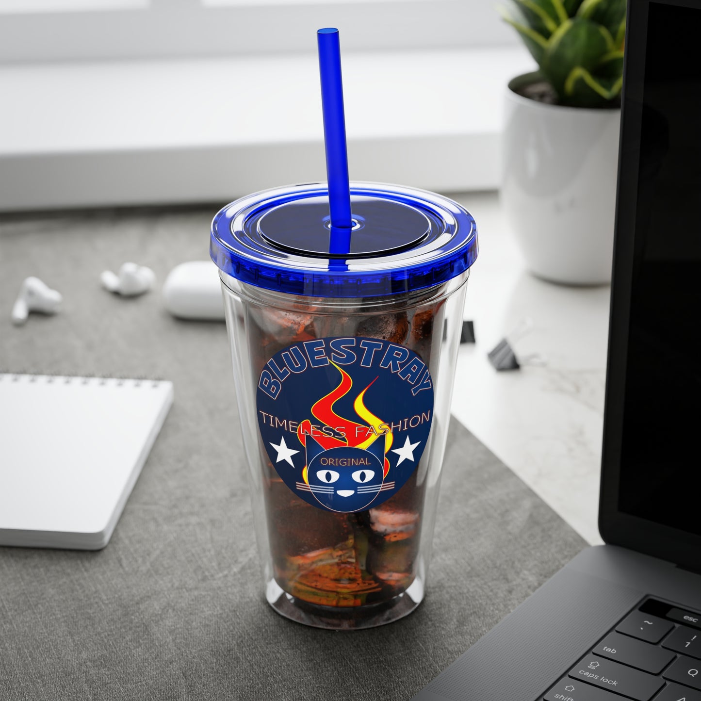 Sunsplash 16oz Clear Tumbler with Straw — Retro Bluestray Flame Crest Design