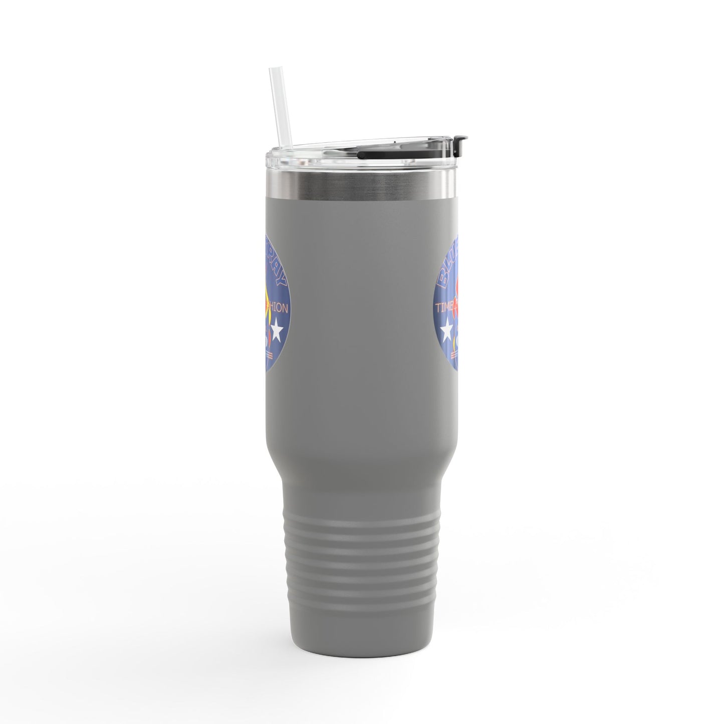 40oz Insulated Travel Mug — Questing Bluestray Cat Logo, Retro Space Adventure Design