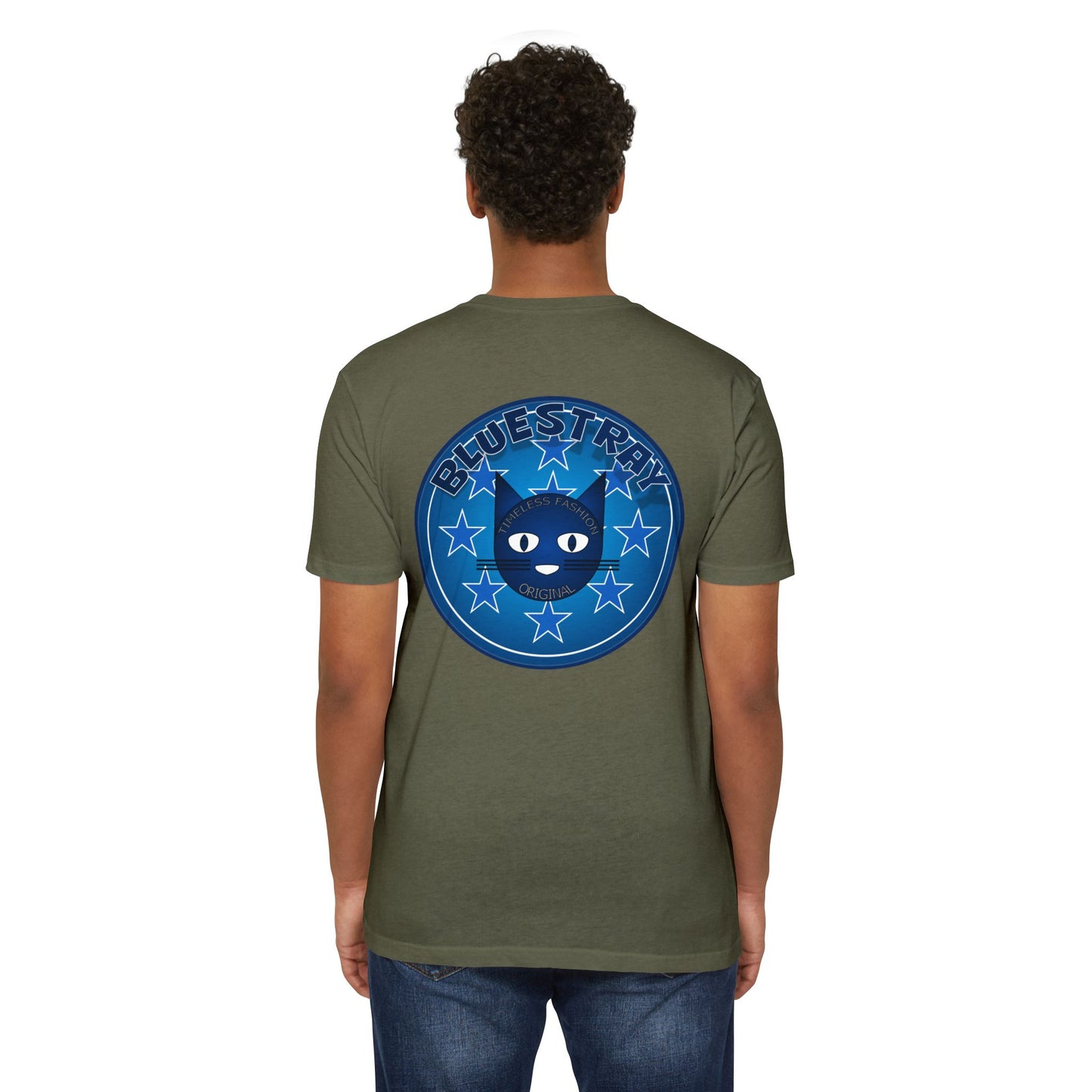 Bluestray Cat Graphic T-Shirt — “Bluestray” Retro Star Logo