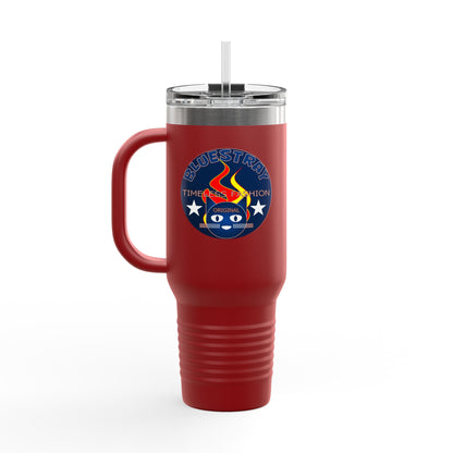40oz Insulated Travel Mug — Questing Bluestray Cat Logo, Retro Space Adventure Design