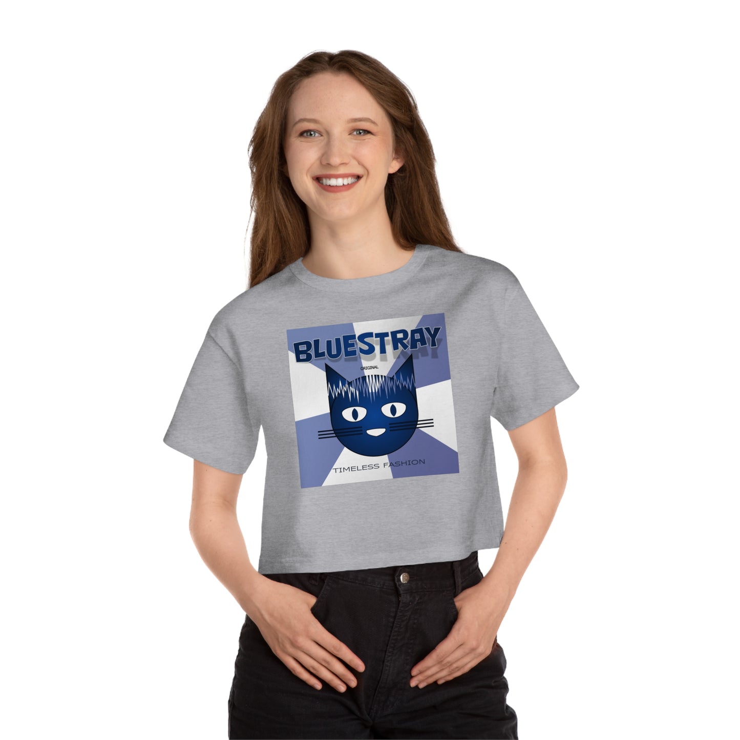 Bluestray Cat Graphic Cropped Tee — Vintage-Inspired Women's Champion Shirt